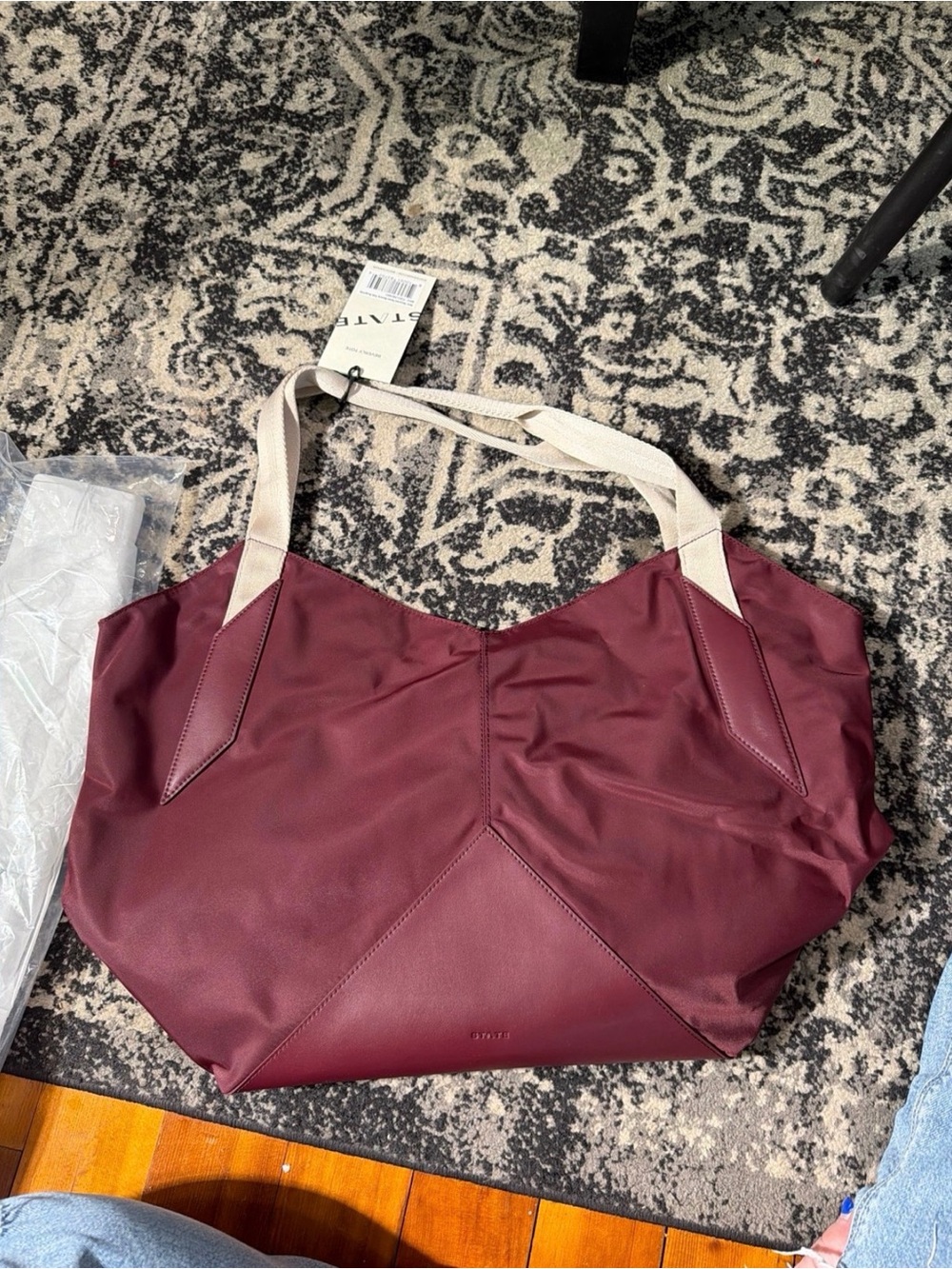 STATE Burgundy Tote with Beige Contrast Straps